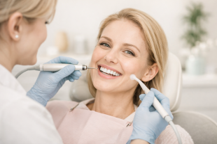 Patientin bei einer professionellen Zahnreinigung als Darstellung gründlicher Prophylaxe in der Zahnarztpraxis Dr. Tolk in Kreuzau